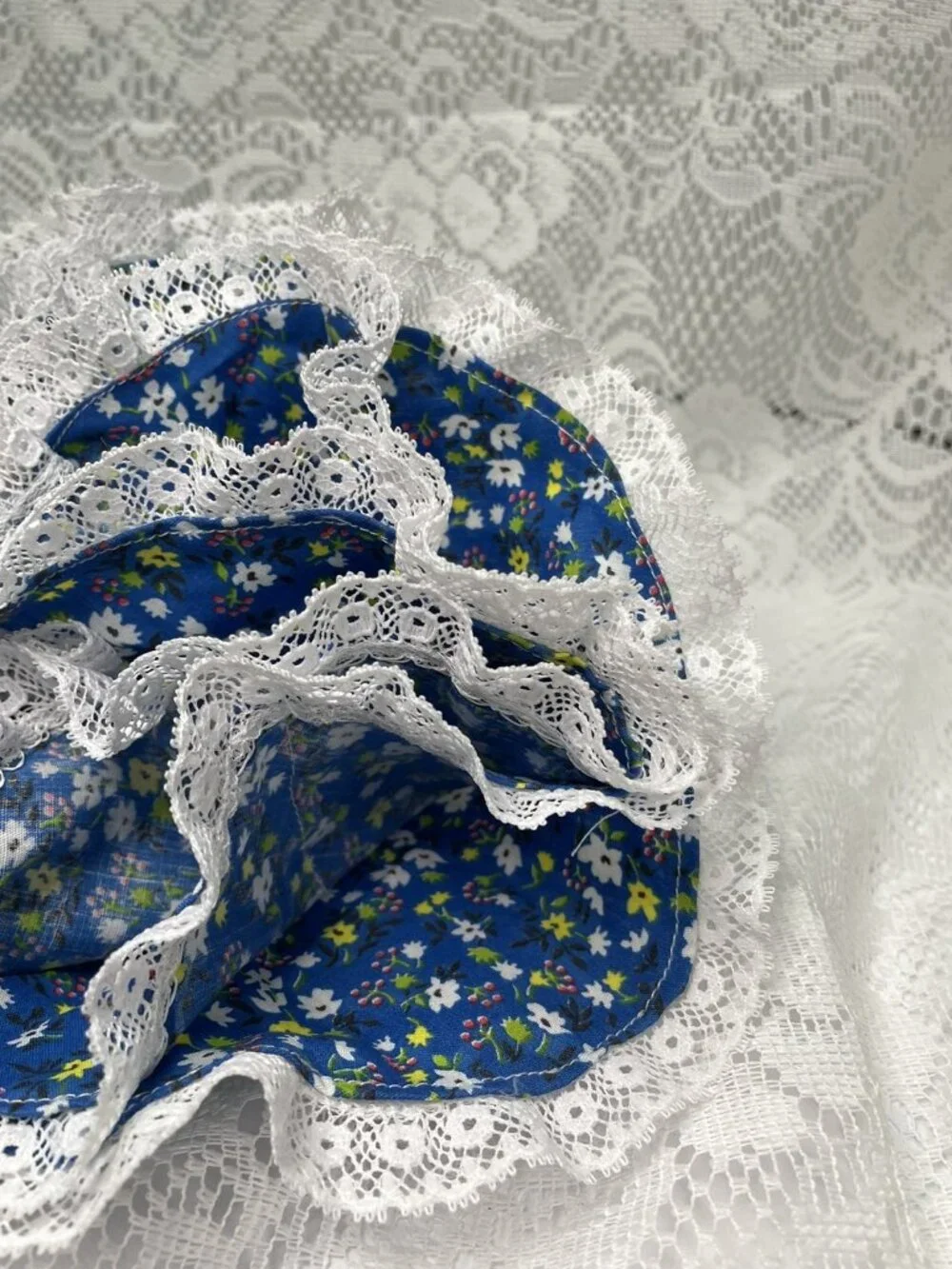 Vintage Print Fabric Egg Basket:  Handmade Country Farmhouse Decor Laced Cotton